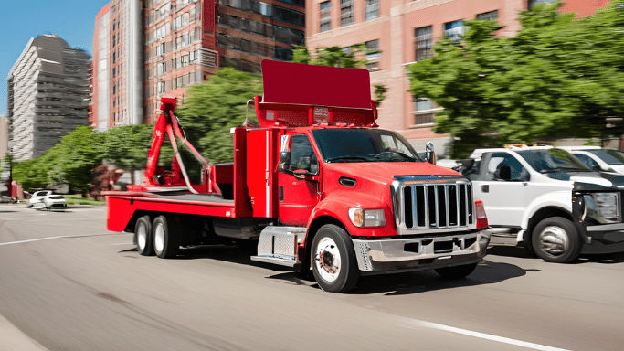 A red towing service truck driving on a road in Mountain View